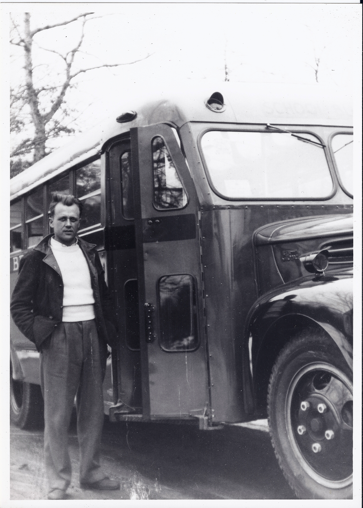 Peter Brega with his first brand new bus - 1949