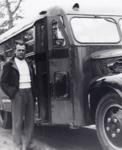 Peter Brega with his first brand new bus - 1949